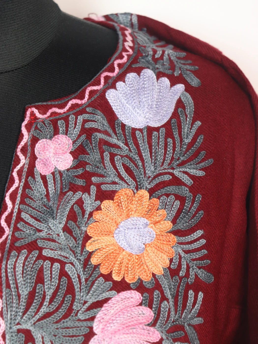 Sayara Kashmiri Pheran in Maroon Cashmilon with Aari Embroidery - Image 3