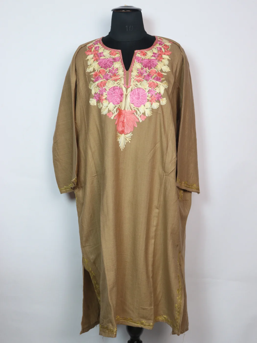 Shamaila Kashmiri Pheran in Beige Cashmilon with Aari Embroidery
