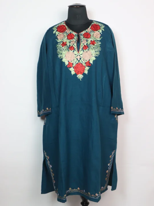 Gulrana Kashmiri Pheran with Aari Embroidery in Cashmilon | Teal