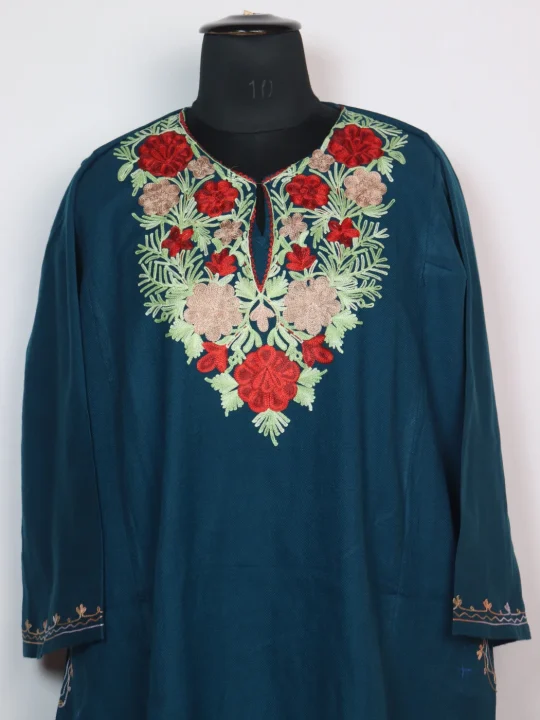 Gulrana Kashmiri Pheran with Aari Embroidery in Cashmilon | Teal - Image 2