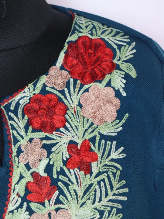 Gulrana Kashmiri Pheran with Aari Embroidery in Cashmilon | Teal - Image 3