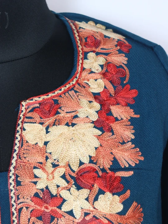 Blue Kashmiri Pheran in Cashmilon with Aari Embroidery | Fariyal - Image 3