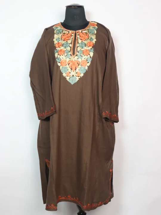 Kashifa Kashmiri Pheran in Brown Cashmilon with Aari Embroidery