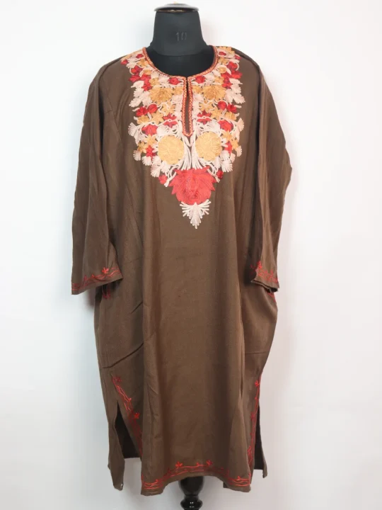 Madiha Kashmiri Pheran in Brown Cashmilon with Aari Embroidery