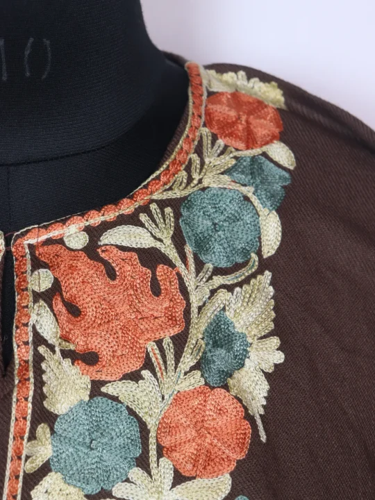 Kashifa Kashmiri Pheran in Brown Cashmilon with Aari Embroidery - Image 3