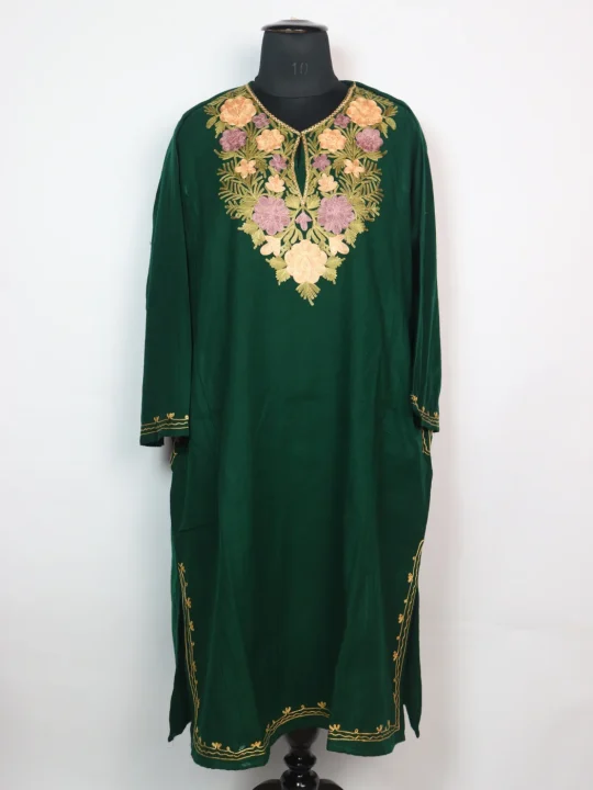 Kashmiri Pheran with Aari Embroidery in Green Cashmilon | Muneezah