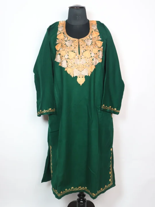 Kashmiri Pheran in Green Cashmilon with Aari Embroidery | Shagufta