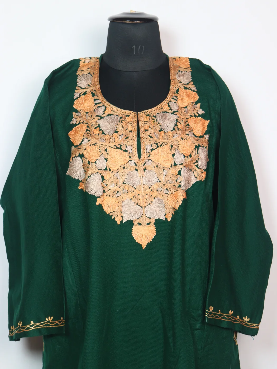 Kashmiri Pheran in Green Cashmilon with Aari Embroidery | Shagufta - Image 2