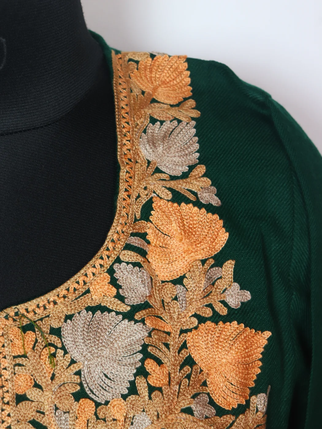 Kashmiri Pheran in Green Cashmilon with Aari Embroidery | Shagufta - Image 3