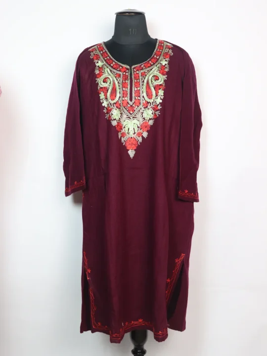 Naghma Kashmiri Pheran in Maroon Cashmilon with Aari Embroidery