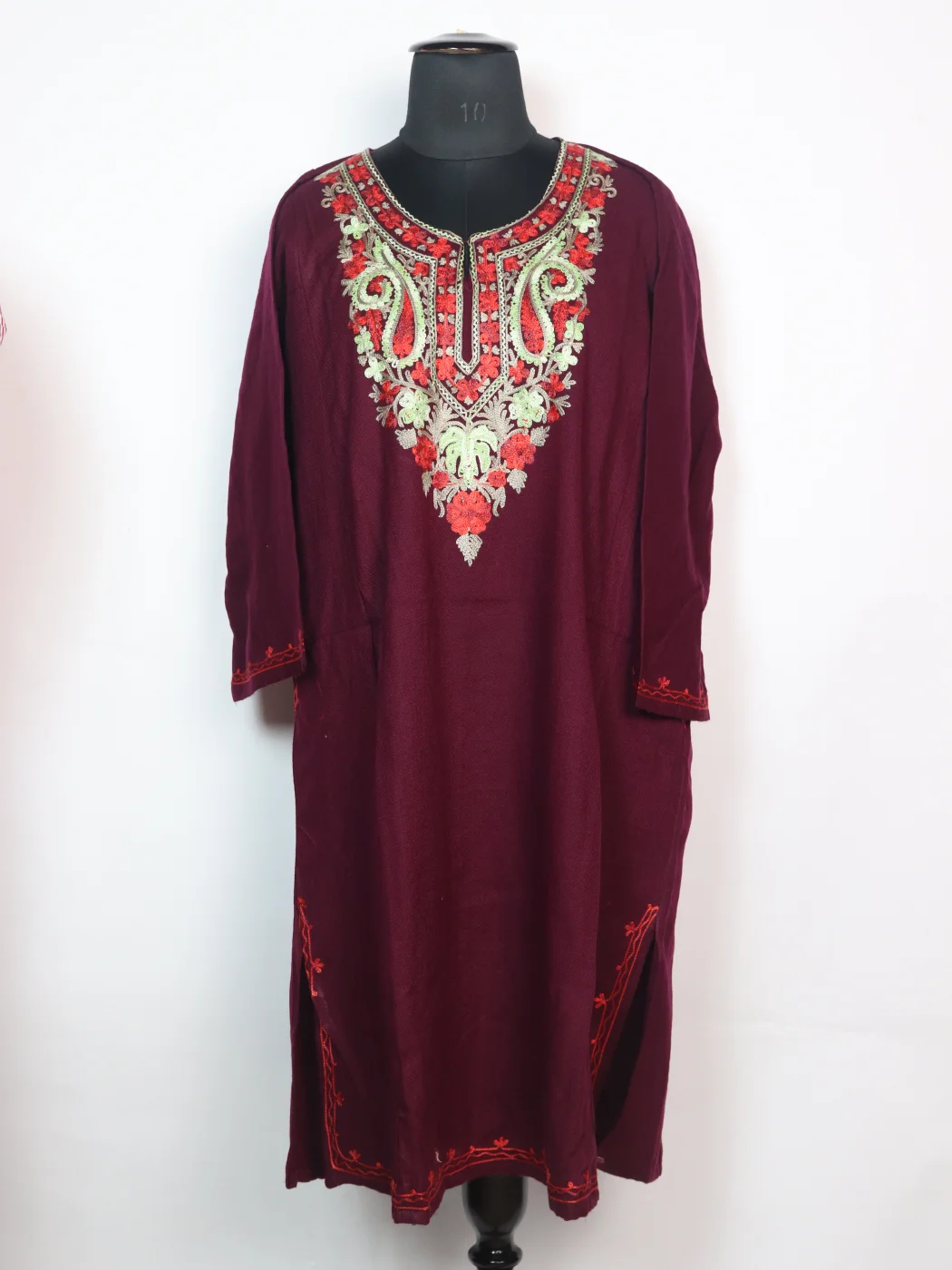 Naghma Kashmiri Pheran in Maroon Cashmilon with Aari Embroidery