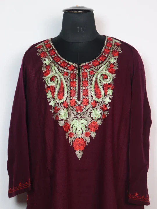 Naghma Kashmiri Pheran in Maroon Cashmilon with Aari Embroidery - Image 2