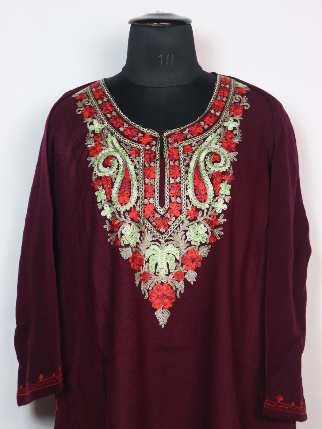 Naghma Kashmiri Pheran in Maroon Cashmilon with Aari Embroidery - Image 2