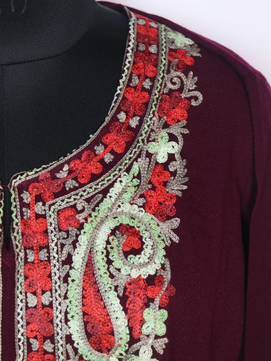 Naghma Kashmiri Pheran in Maroon Cashmilon with Aari Embroidery - Image 3