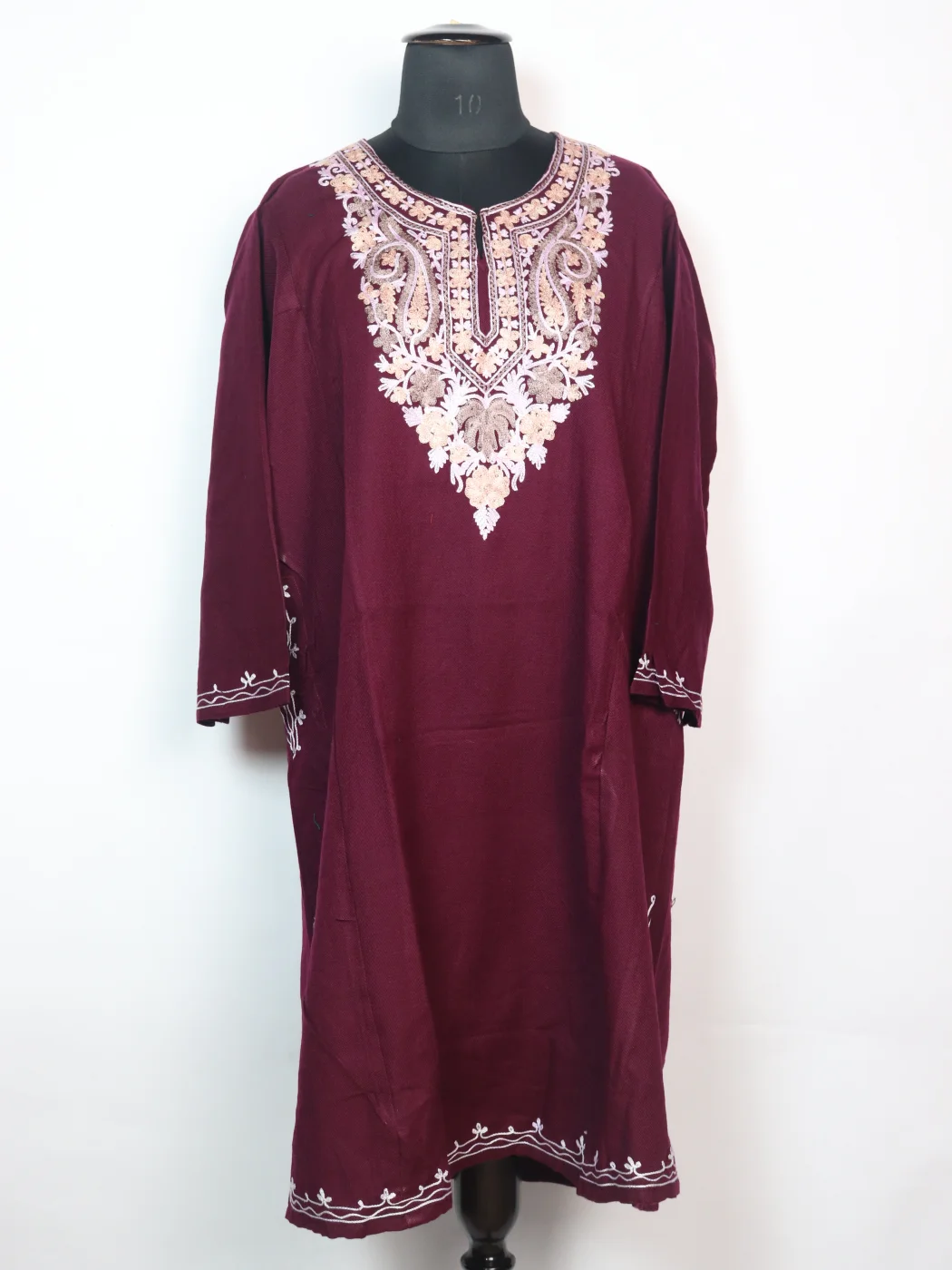 Dilara Kashmiri Pheran with Aari Embroidery in Cashmilon | Maroon