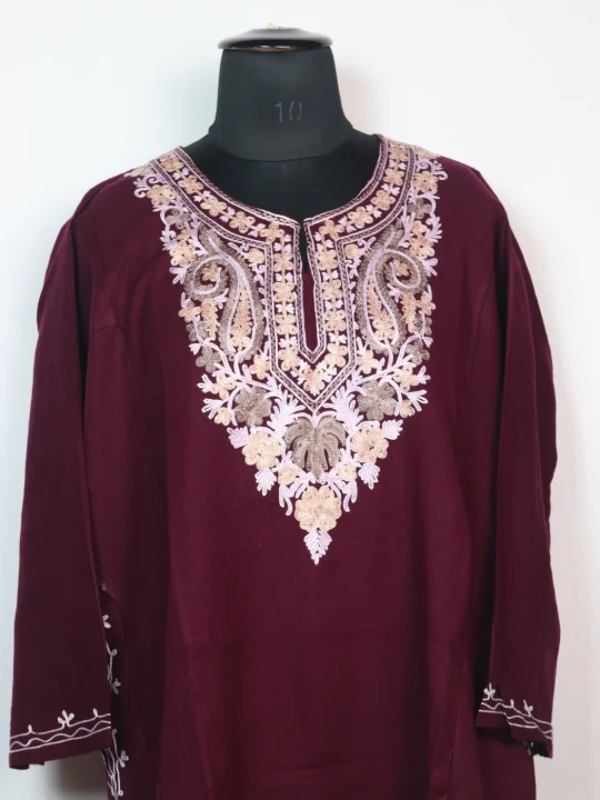 Dilara Kashmiri Pheran with Aari Embroidery in Cashmilon | Maroon - Image 2