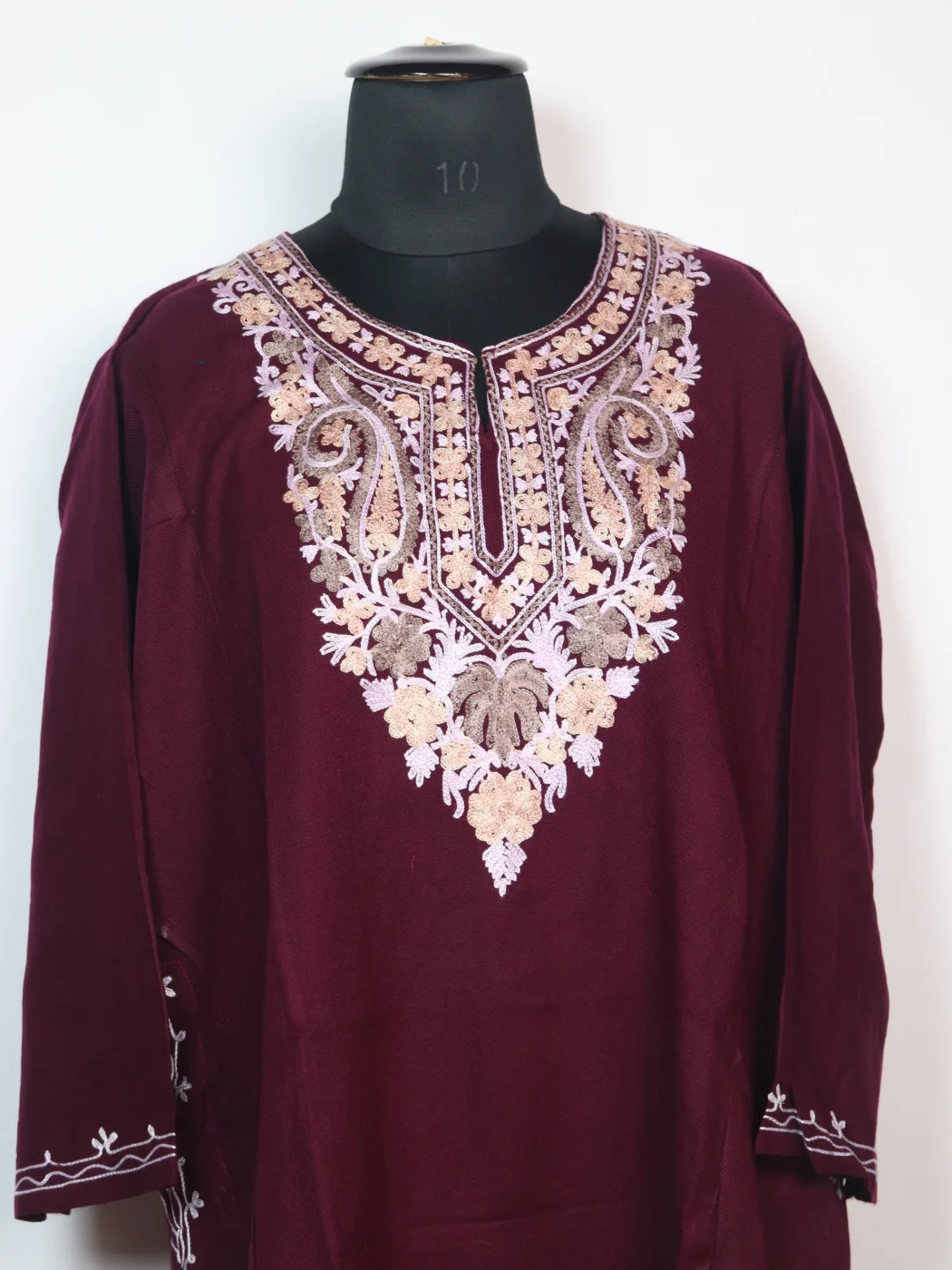 Dilara Kashmiri Pheran with Aari Embroidery in Cashmilon | Maroon - Image 2