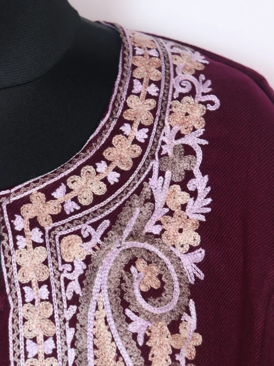 Dilara Kashmiri Pheran with Aari Embroidery in Cashmilon | Maroon - Image 3