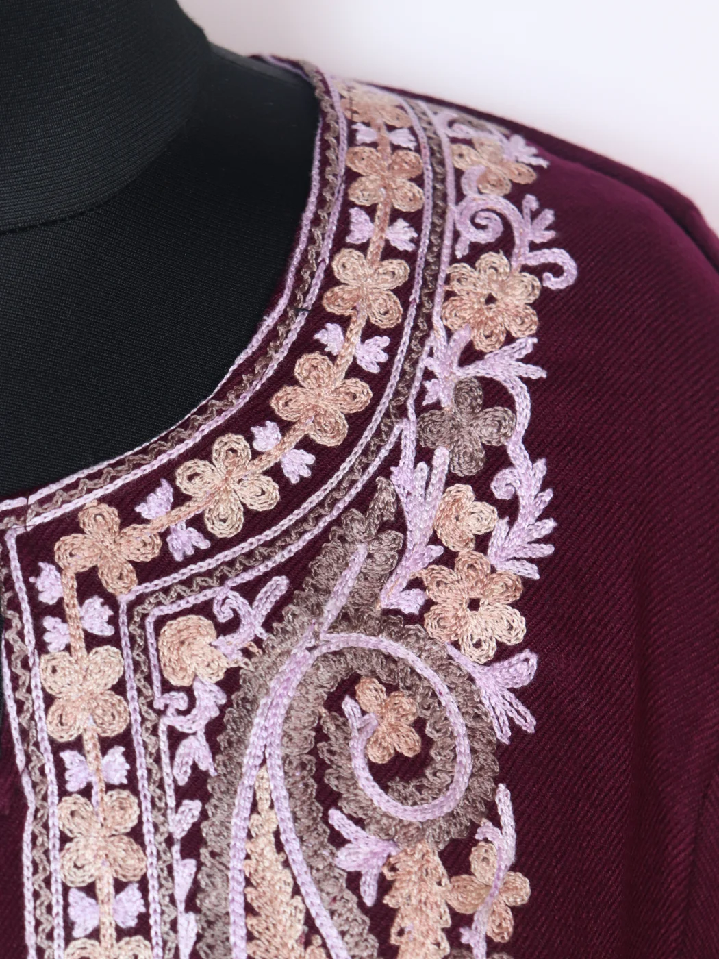 Dilara Kashmiri Pheran with Aari Embroidery in Cashmilon | Maroon - Image 3