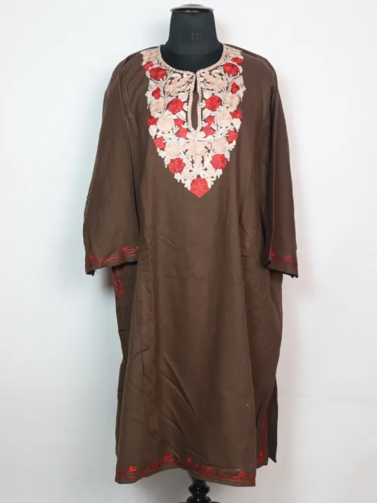 Mahpara Kashmiri Pheran in Brown Cashmilon with Aari Embroidery