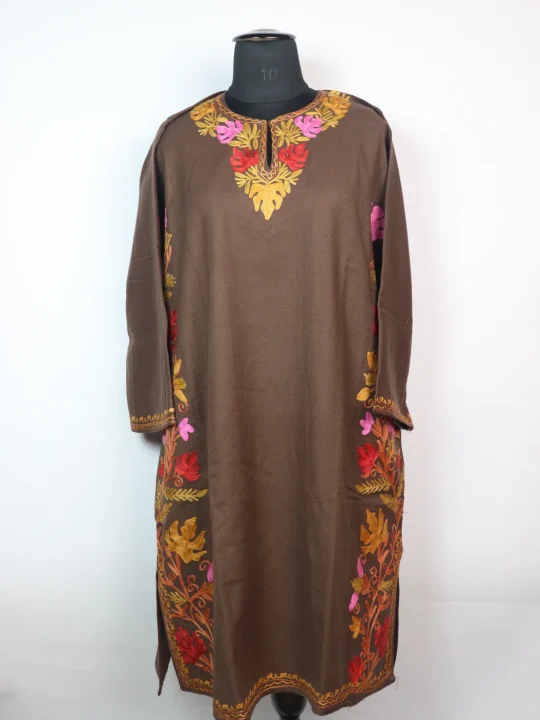 Haleema Kashmiri Pheran in Brown Cashmilon with Aari Embroidery Side Panel Work | Designer