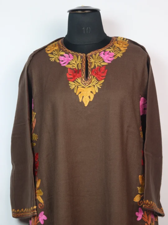 Haleema Kashmiri Pheran in Brown Cashmilon with Aari Embroidery Side Panel Work | Designer - Image 2