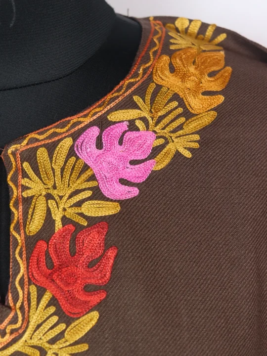 Haleema Kashmiri Pheran in Brown Cashmilon with Aari Embroidery Side Panel Work | Designer - Image 3