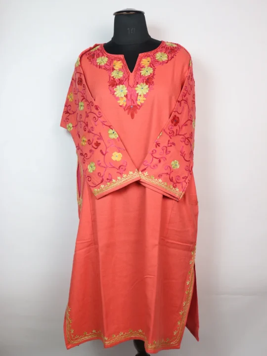 Kashmiri Designer Pheran in Coral Pink Cashmilon with Aari Embroidery Sleeve Jaal Work | Kausar