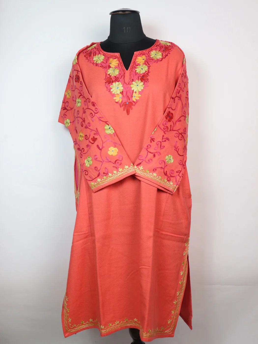 Kashmiri Designer Pheran in Coral Pink Cashmilon with Aari Embroidery Sleeve Jaal Work | Kausar