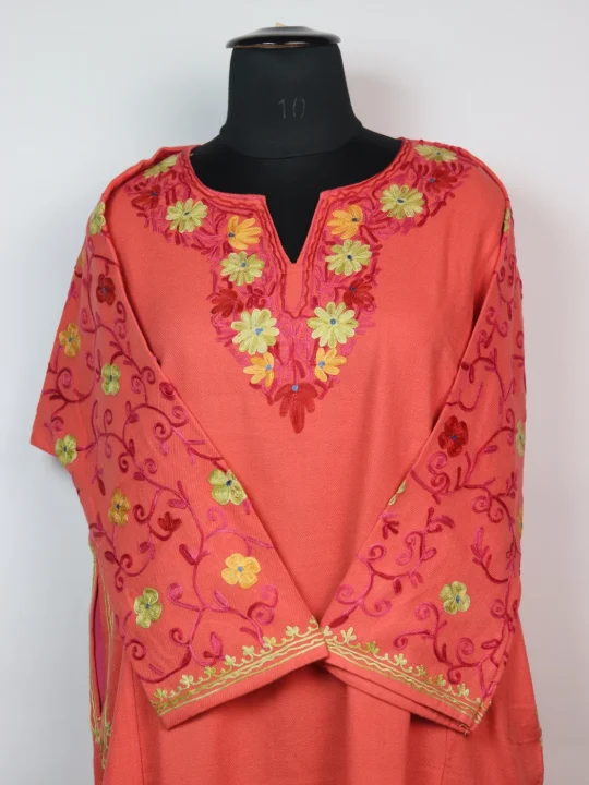Kashmiri Designer Pheran in Coral Pink Cashmilon with Aari Embroidery Sleeve Jaal Work | Kausar - Image 2
