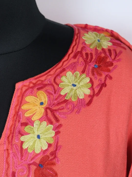Kashmiri Designer Pheran in Coral Pink Cashmilon with Aari Embroidery Sleeve Jaal Work | Kausar - Image 3