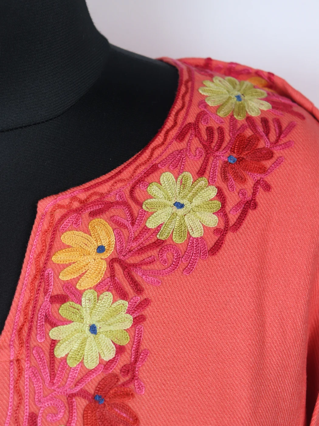 Kashmiri Designer Pheran in Coral Pink Cashmilon with Aari Embroidery Sleeve Jaal Work | Kausar - Image 3
