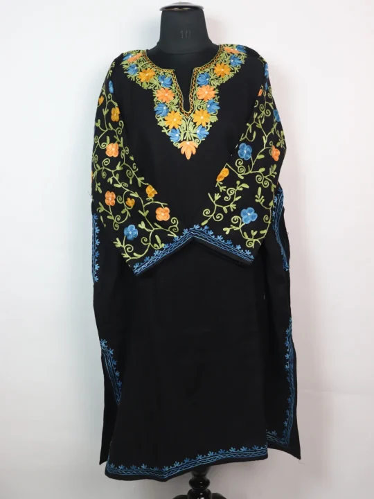Designer Kashmiri Pheran in Black Cashmilon with Aari Embroidery Sleeve Jaal Work  | Rameen