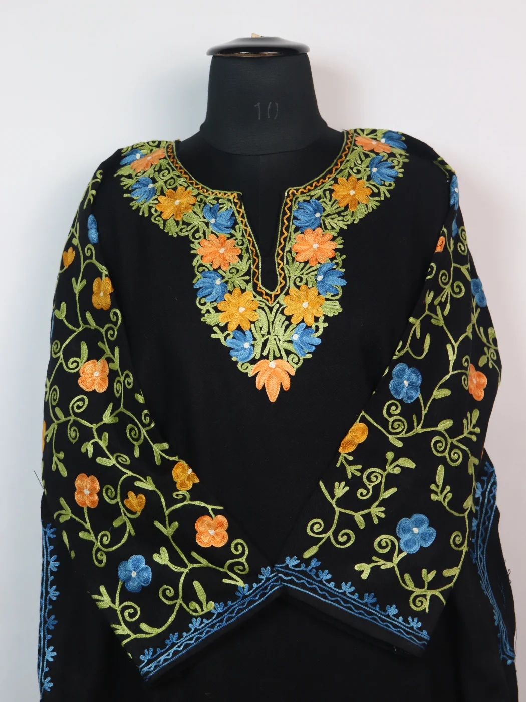 Designer Kashmiri Pheran in Black Cashmilon with Aari Embroidery Sleeve Jaal Work | Rameen - Image 2
