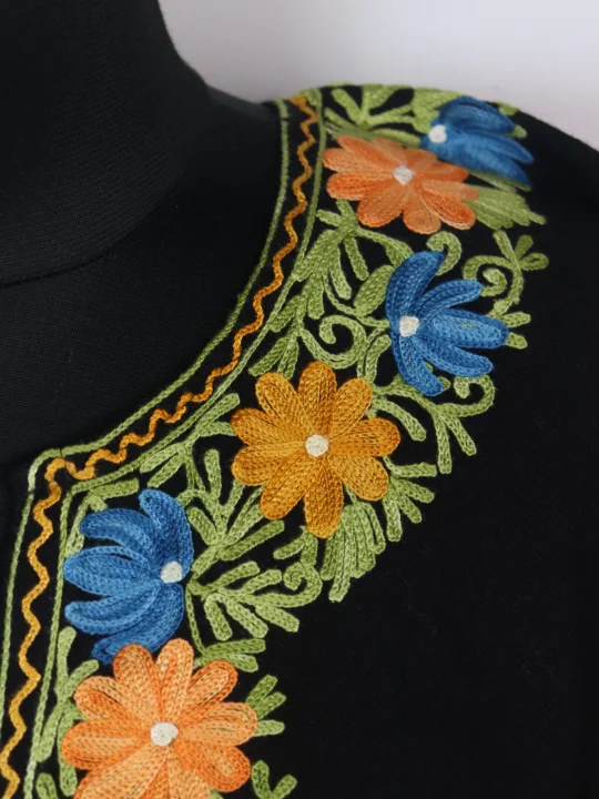 Designer Kashmiri Pheran in Black Cashmilon with Aari Embroidery Sleeve Jaal Work | Rameen - Image 3