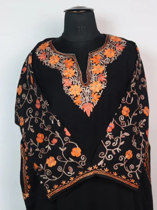 Designer Kashmiri Pheran in Black Cashmilon with Aari Embroidery Sleeve Jaal Work | Rooh - Image 2