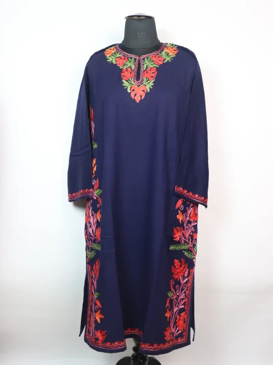 Blue Kashmiri Designer Pheran in Cashmilon with Aari Embroidery Side Panel Work | Areeba