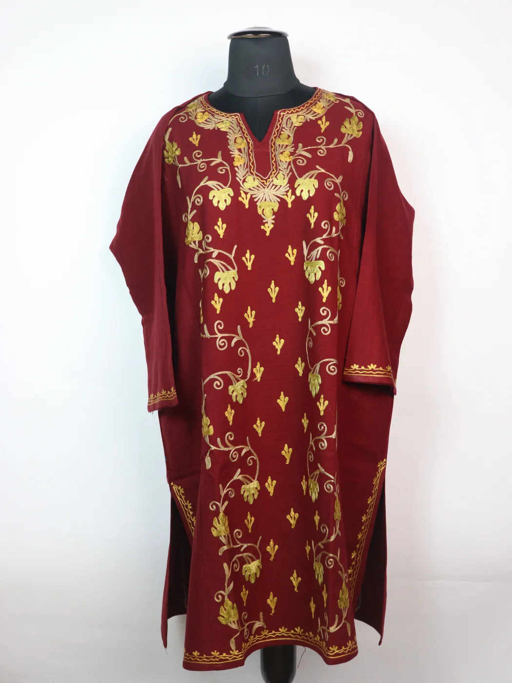 Ruqaiya Kashmiri Designer Pheran in Cashmilon with Front Jaal Aari Embroidery | Maroon