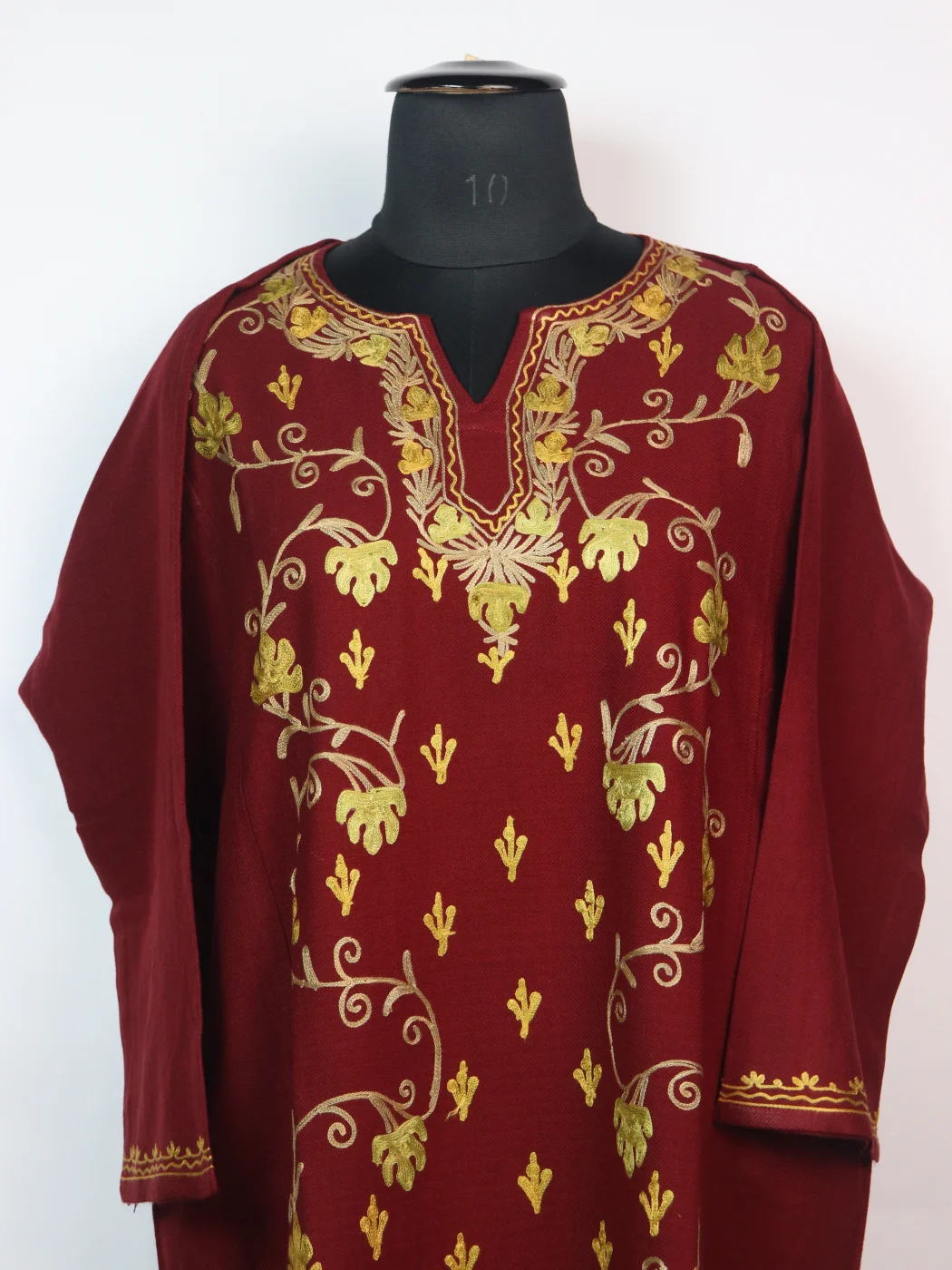 Ruqaiya Kashmiri Designer Pheran in Cashmilon with Front Jaal Aari Embroidery | Maroon - Image 2