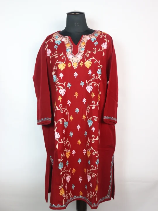 Sehrish Kashmiri Designer Pheran in Cashmilon with Front Jaal Aari Embroidery | Maroon