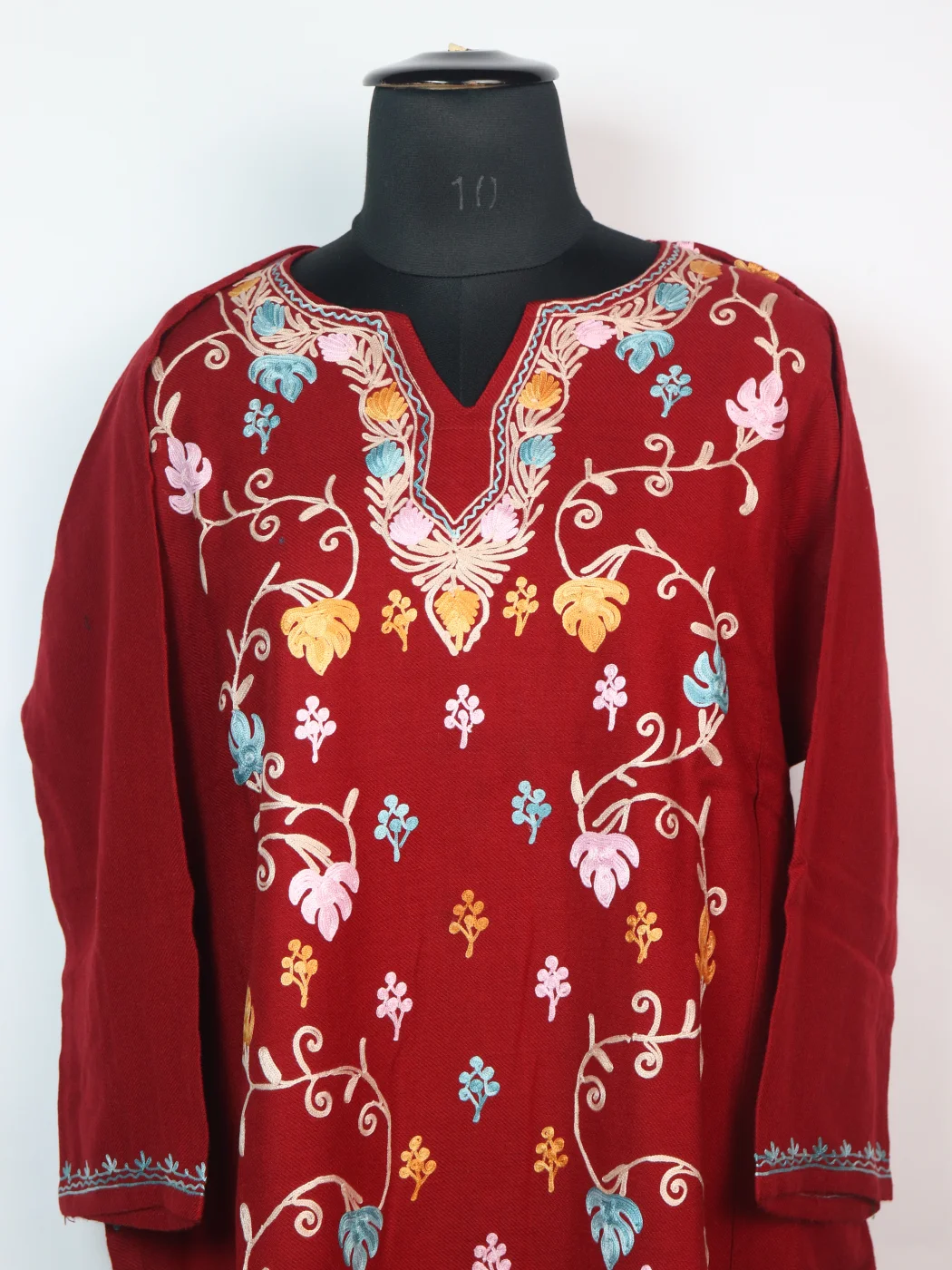 Sehrish Kashmiri Designer Pheran in Cashmilon with Front Jaal Aari Embroidery | Maroon - Image 2