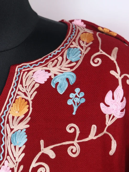 Sehrish Kashmiri Designer Pheran in Cashmilon with Front Jaal Aari Embroidery | Maroon - Image 3
