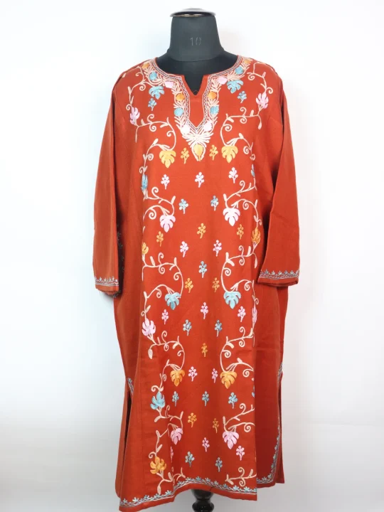 Kashmiri Designer Pheran Haniya in Cashmilon with Front Jaal Aari Embroidery | Rust