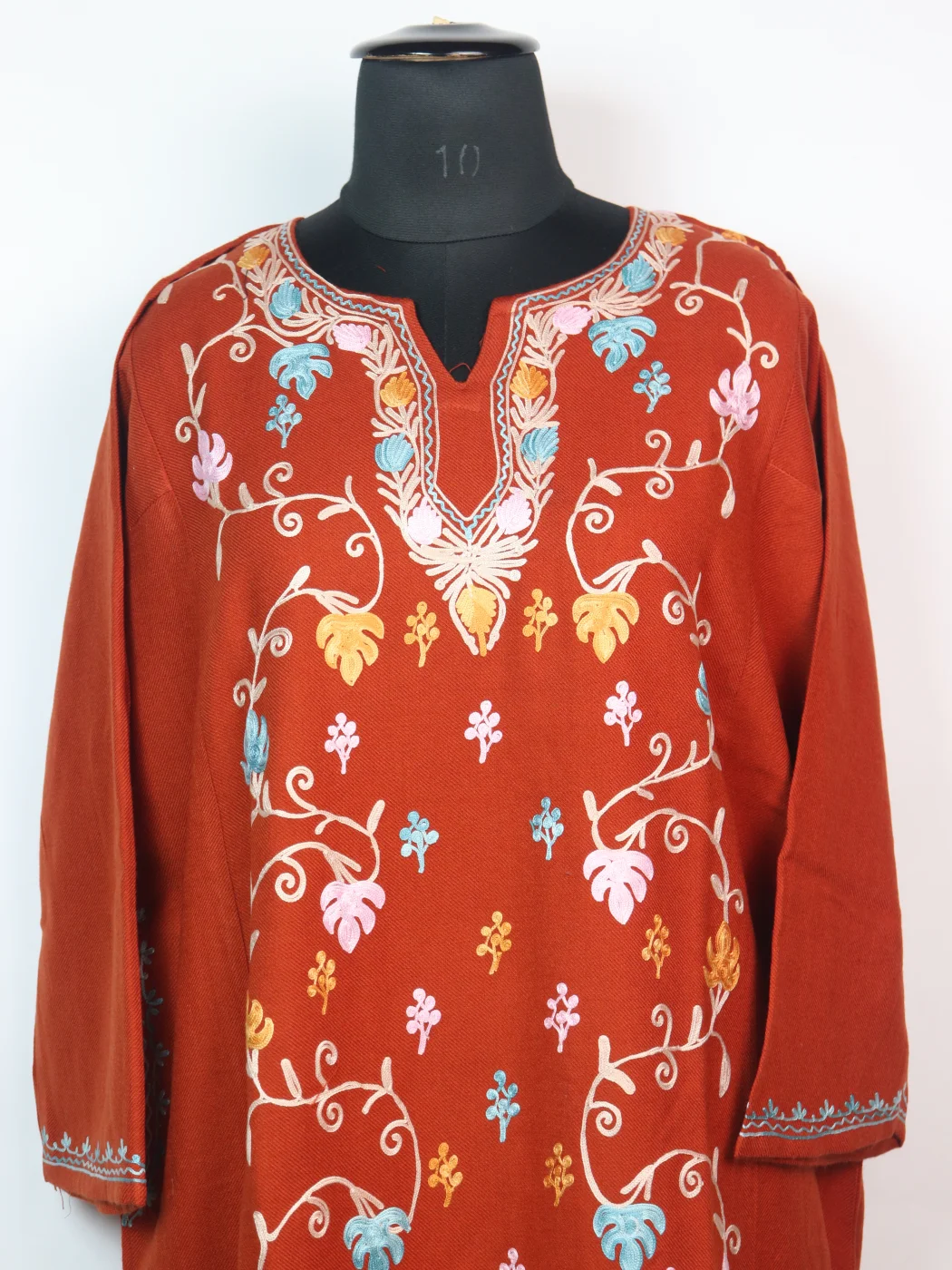 Kashmiri Designer Pheran Haniya in Cashmilon with Front Jaal Aari Embroidery | Rust - Image 2