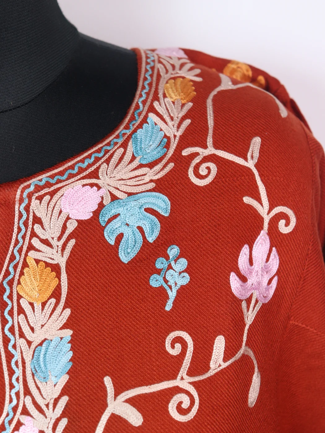 Kashmiri Designer Pheran Haniya in Cashmilon with Front Jaal Aari Embroidery | Rust - Image 3