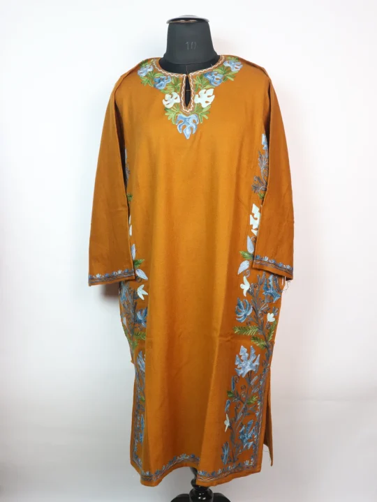 Kashmiri Designer Pheran Muneeba in Mustard Cashmilon with Aari Embroidery