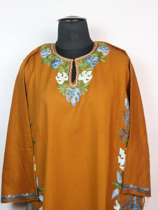 Kashmiri Designer Pheran Muneeba in Mustard Cashmilon with Aari Embroidery Side Panel Work - Image 2