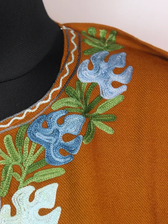 Kashmiri Designer Pheran Muneeba in Mustard Cashmilon with Aari Embroidery Side Panel Work - Image 3