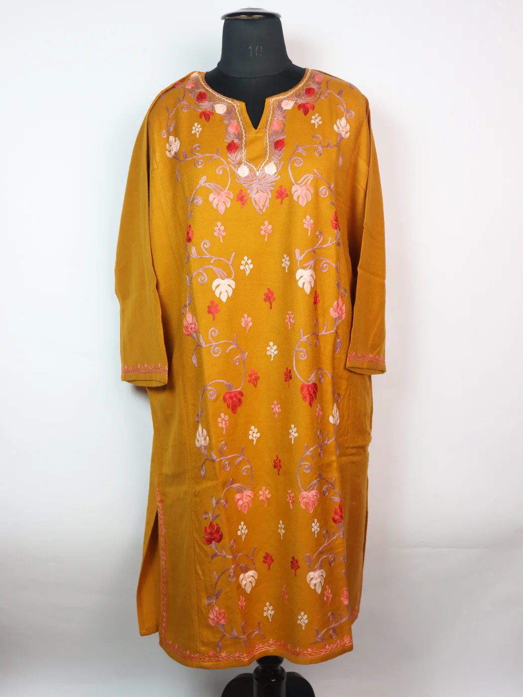 Kashmiri Designer Pheran Mahnaz in Mustard Cashmilon with Front Jaal Aari Embroidery