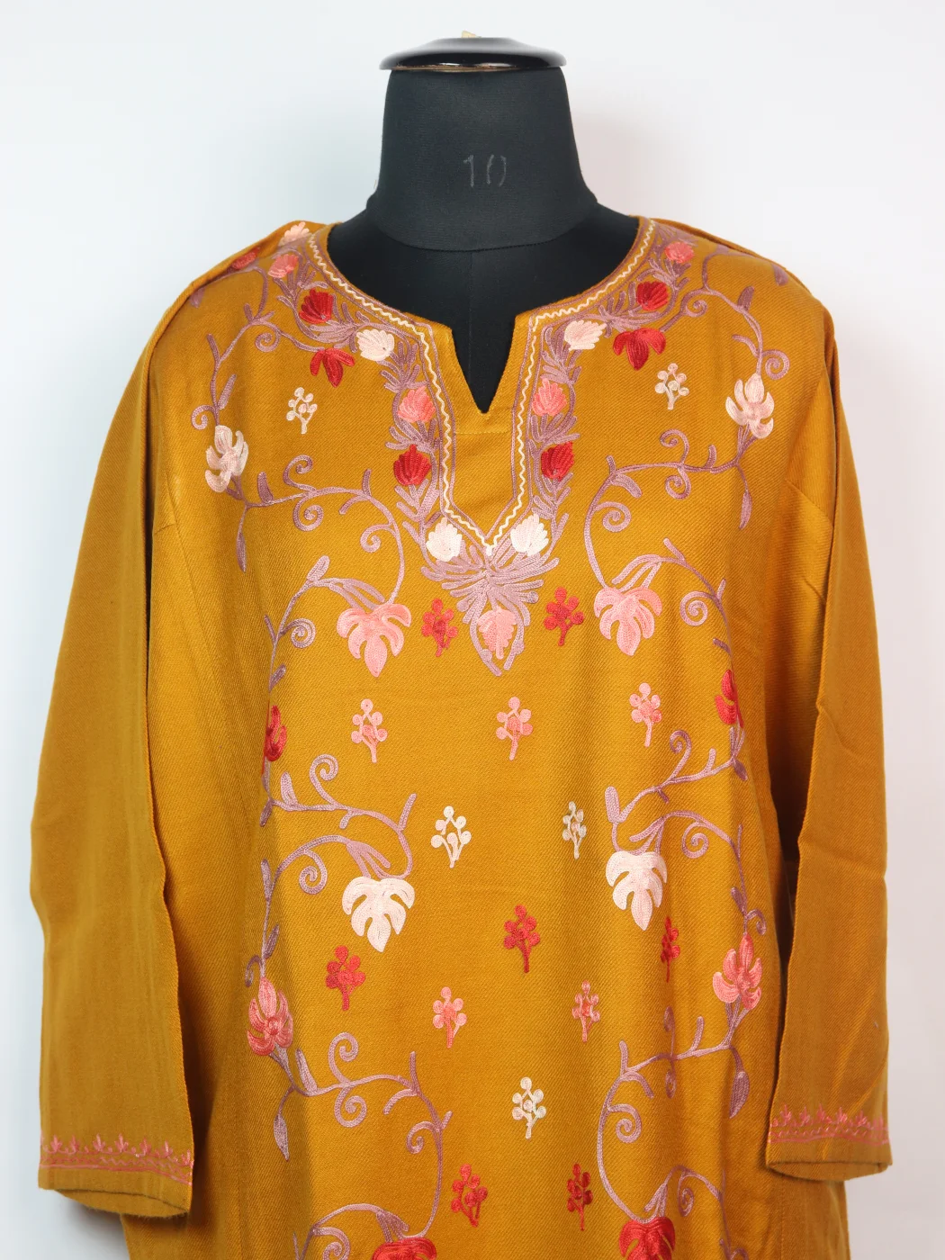 Kashmiri Designer Pheran Mahnaz in Mustard Cashmilon with Front Jaal Aari Embroidery - Image 2
